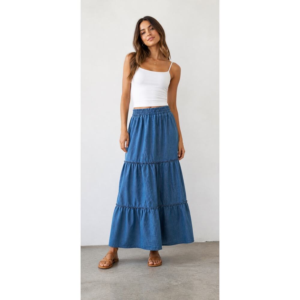 Robert Louis Boho Denim Maxi Skirt Womens Blue Tiered Western Prairie Hippie SM